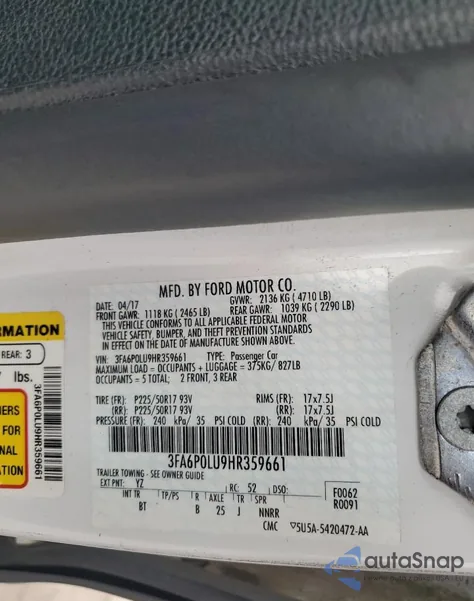 2017 Ford Fusion Se Hybrid from USA, damaged, VIN 3FA6P0LU9HR359661